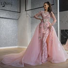 Блестящее платье-Русалка с бисером для выпускного вечера со съемным шлейфом арабское дубайское роскошное вечернее платье с длинным рукавом 2020 розовые официальные платья