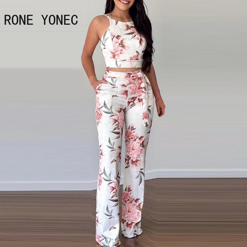 Женский комплект из двух предметов топ без рукавов с цветочным принтом и брюки -