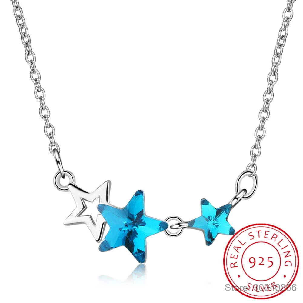 

925 Sterling Silver Inlaid Zircon Blue Crystal Star Necklace for Women Sweet and Cute Pendant Choker Fashion Creative Jewelry