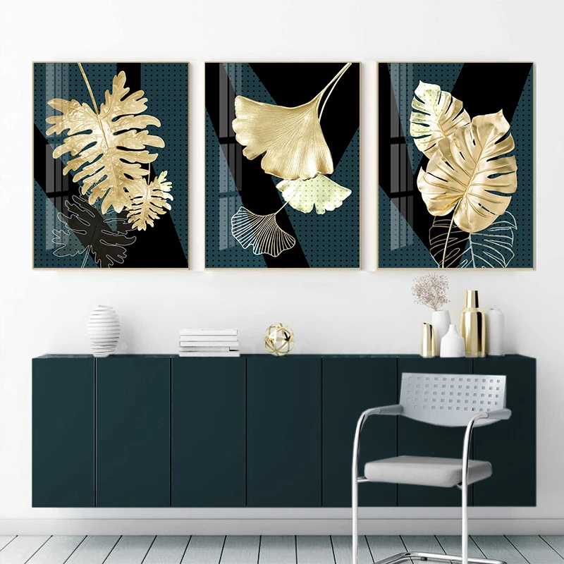 

Golden Green Plant Leaf Canvas Poster Ginkgo Wall Art Painting Nordic Posters and Prints for Living Room DecorWall Pictures