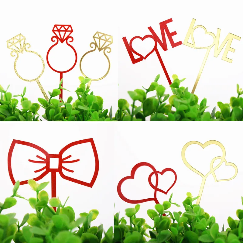 1pc Diamond Ring Bowtie Love Heart Cake Flag Topper Gold Red Acrylic Flags For Wedding Anniversary Party Baking Decor - купить по