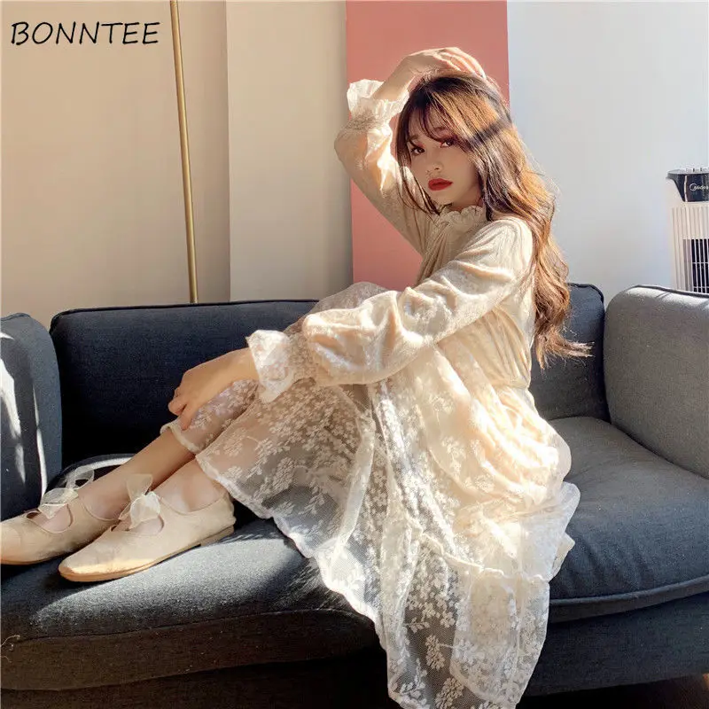 

Vestidos Sleeve Trendy Plus Collar Dresses Women Ins Flare Autumn Female Princess Stand Student Style Solid Lace Velvet Elegant