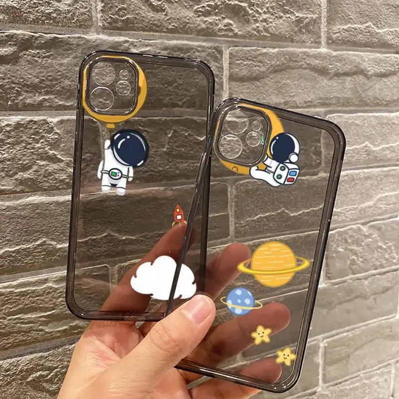 

astronaut planet spaceship dinosau Phone Case For iPhone 12 11 8 7 se 2020 mini pro X XS XR MAX Plus Black Transparent Cover