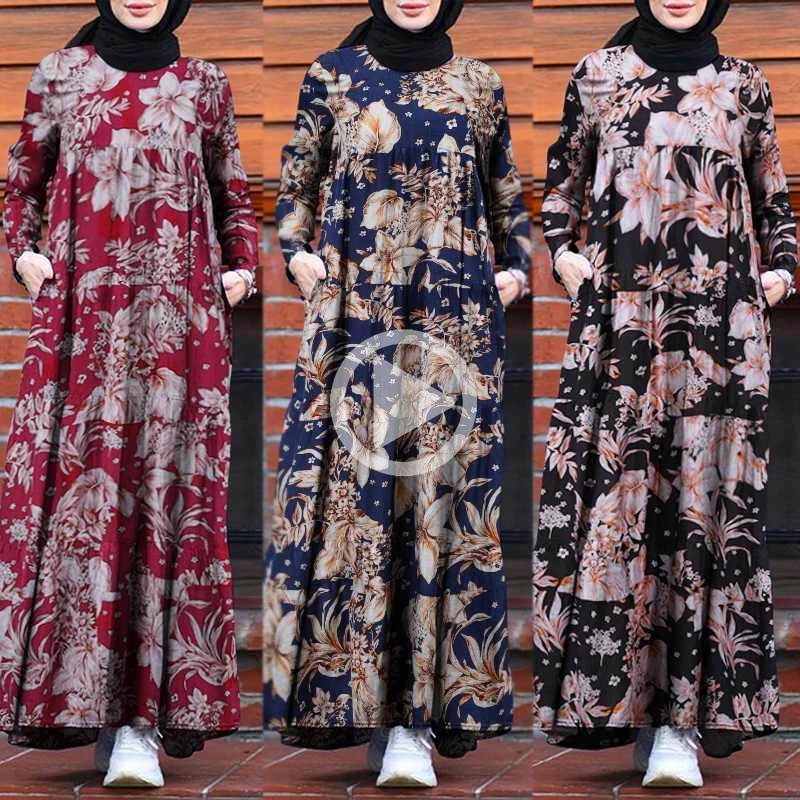 

Женское платье макси с длинным рукавом, винтажное платье-хиджаб с цветочным принтом, сарафан в стиле ретро Дубаи, кафтан в мусульманском сти...