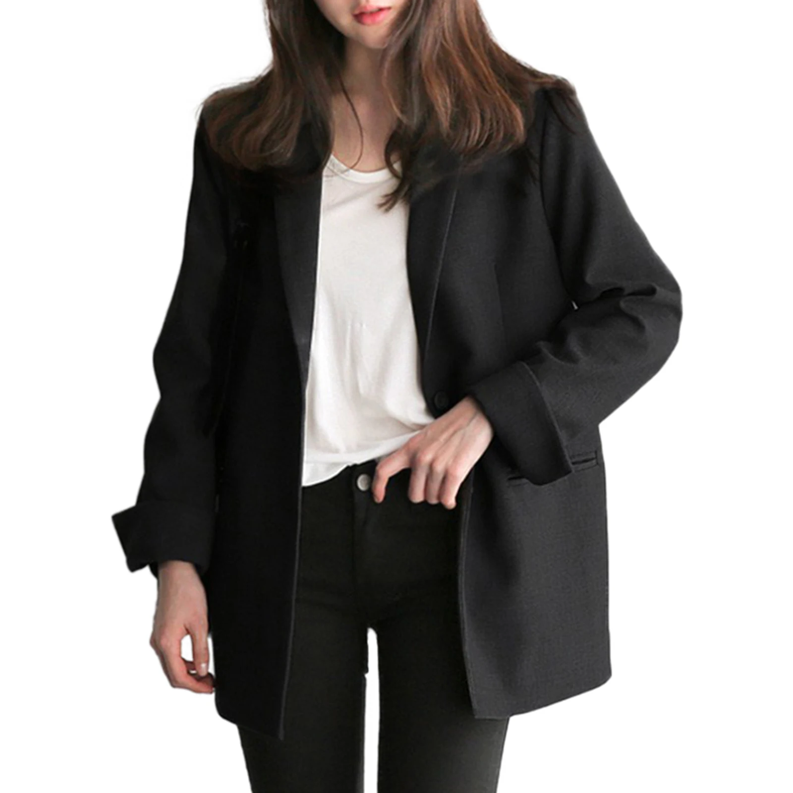 

Fashion Clothes Women Business Office Solid Blazer Workwear Simple Slim Black Suit Coat Casual Lapel Outwear Long Sleeve Top