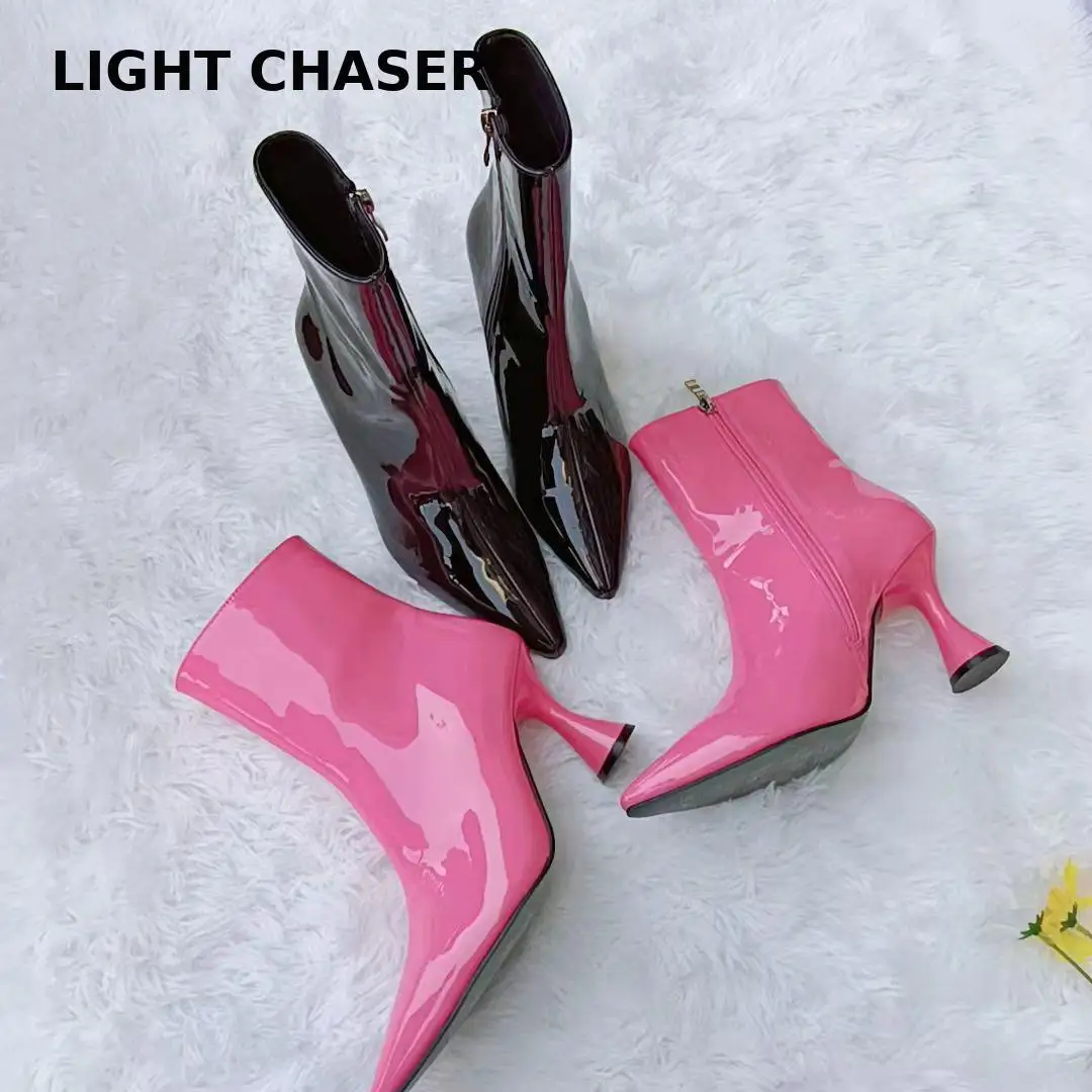 New Fashion Pointed Patent Leather Candy-colored Women's Boots, Solid Color Mid-boots, Stiletto Explosive Women's Short Boots 42