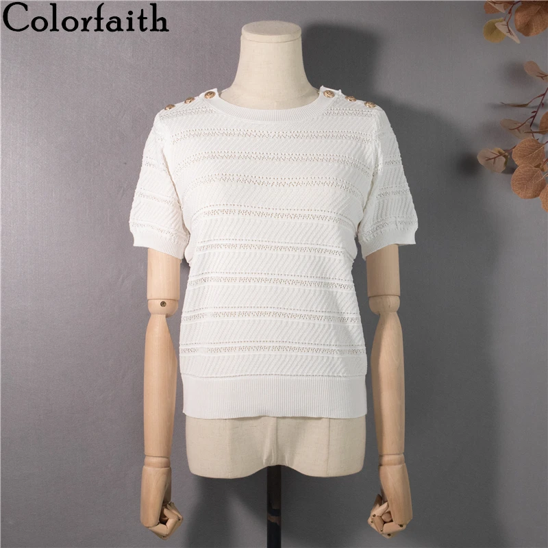 

Colorfaith New 2021 Women Summer T-Shirt Bottoming Basic Solid Color Knitted Vintage Minimalist Style Wild Lady Short Top T1322
