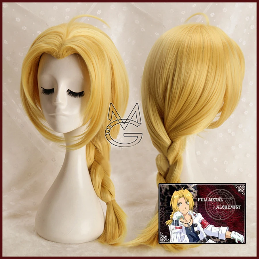 

Парик для косплея Эдварда Элрика из аниме цельнометаллического алхимика длиной 55 см, термостойкие волосы для косплея + шапочка для парика