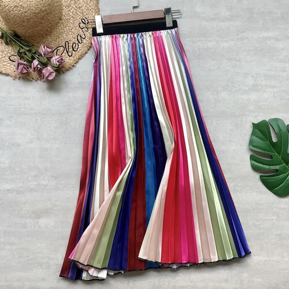 

2021 New Summer Women Fashion Long Midi Skirt VD1937 Rainbow Print Color Korean Casual Style Pleated Skirts Y2K