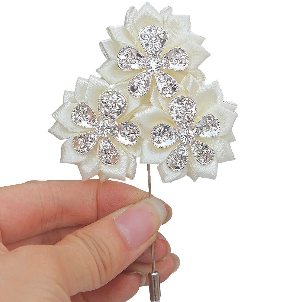 

Wedding Corsages And Boutonnieres Ivory Cream Satin Flowers Diamond Prom Brooch Bridal Wedding Party Pin Brooches For Men Suit