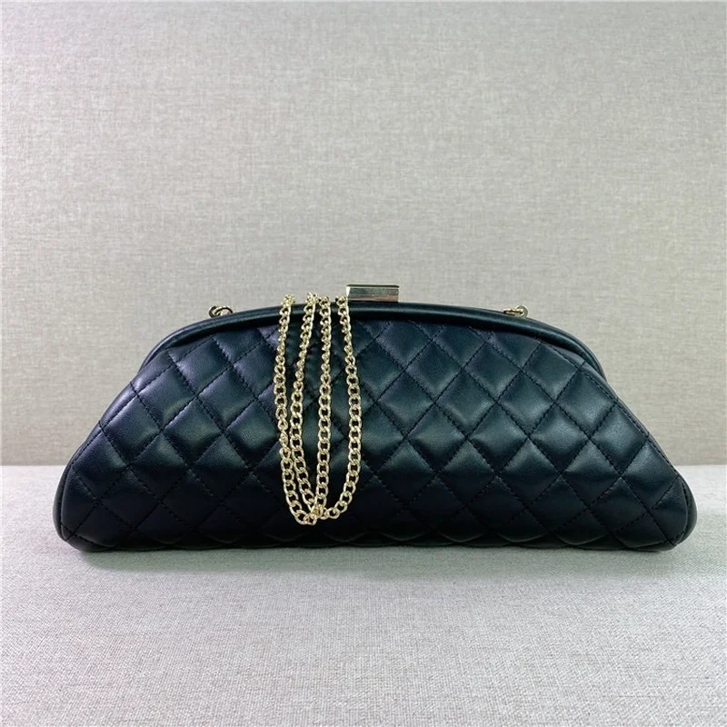 

2021 New Authentic Leather Sheepskin Diamond Chain Clip Handbag Fashion Shoulder Crossbody Dinner Women's Bag