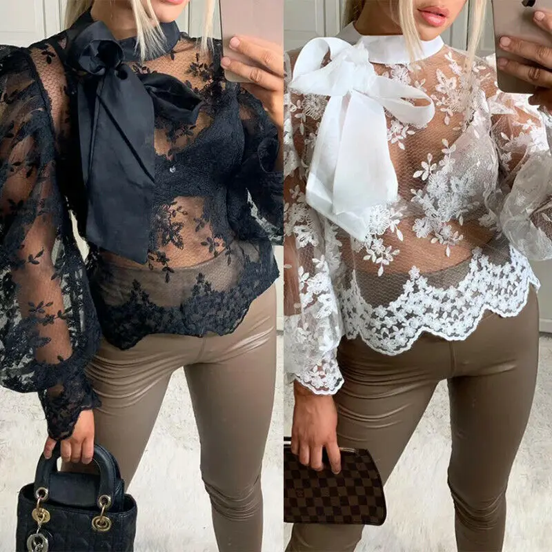 Женская прозрачная блузка с длинными рукавами-фонариками и бантом | одежда