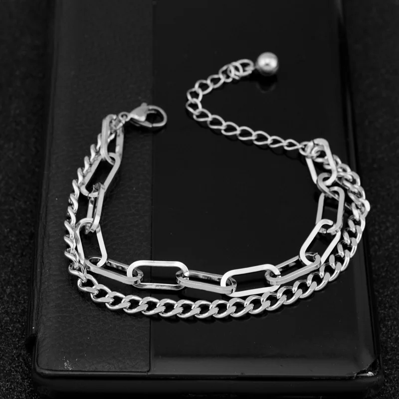 

New Fashion Stainless Steel Punk Bracelet Set Women Men Jewelry Luxury Double Chain Bracelets For Lovers' Never Fade