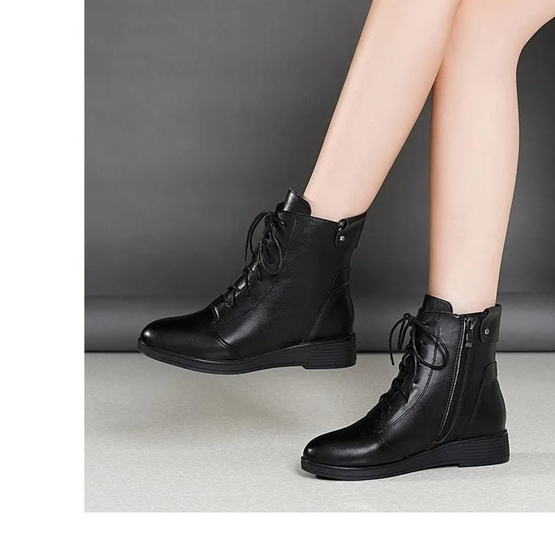 

Black Leather Boots Female Lace Up Ankle Boots for Women Shoes Woman Wedges Heels Warm Plush Winter Ladies Boots