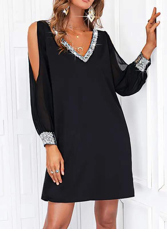 

2021 Summer Fashion Hollow Out Sleeve V-Neck Dresses Sexy Women Solid Crystal Loose Mini Dress Elegant Ladies Casual Dress