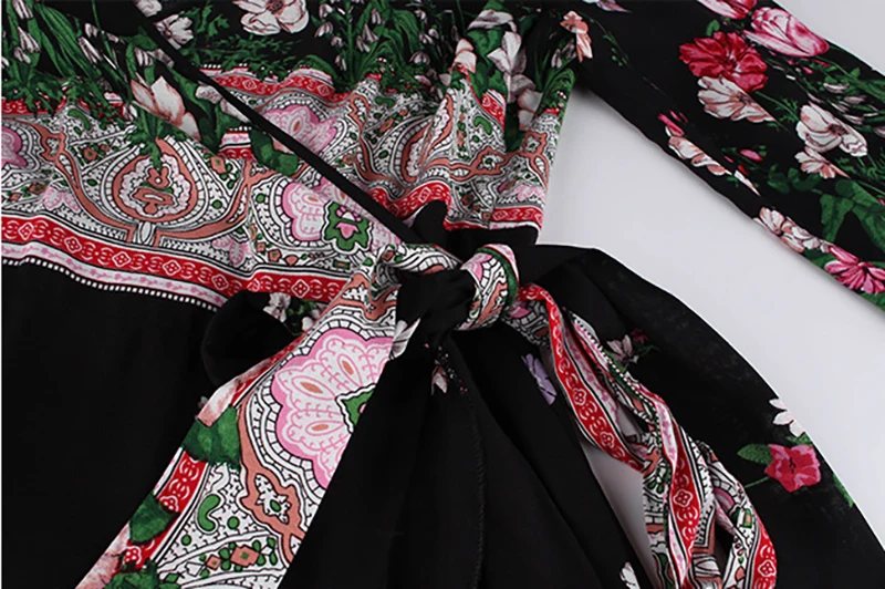 

Womens Printed Dress Three Quarter Sleeve V-neck Lace-up Pleated Boho Dresses WL100