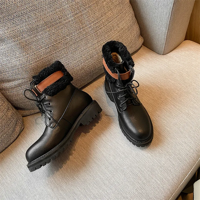 

Meotina Fur Snow Boots Women Genuine Leather Platform Block Heels Ankle Boots Cross Tied Mid Heel Short Boots Winter Apricot