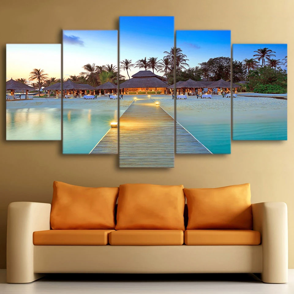 

Decor Home Living Room 5 Pcs Sea Bridge Palm Trees House Seascape Pictures HD Printed Modular Canvas Paintings Wall Art NO Frame