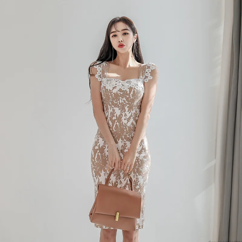 

2021 New Floral Dress Women elegant Lace Sleeveless Square-neck Slim Slit Dress Formal Party Business Work Spring Summer