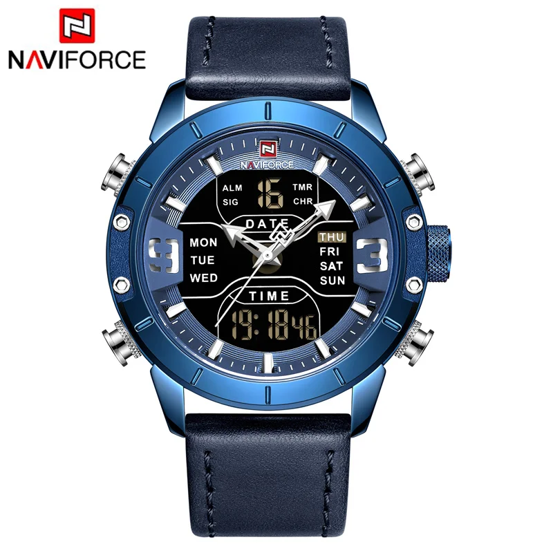 NAVIFORCE мужские часы с двумя дисплеями Лидирующий бренд Модный светодиодный цифровой Роскошные мужские часы кожаные спортивные водонепроницаемые кварцевые наручные часы
