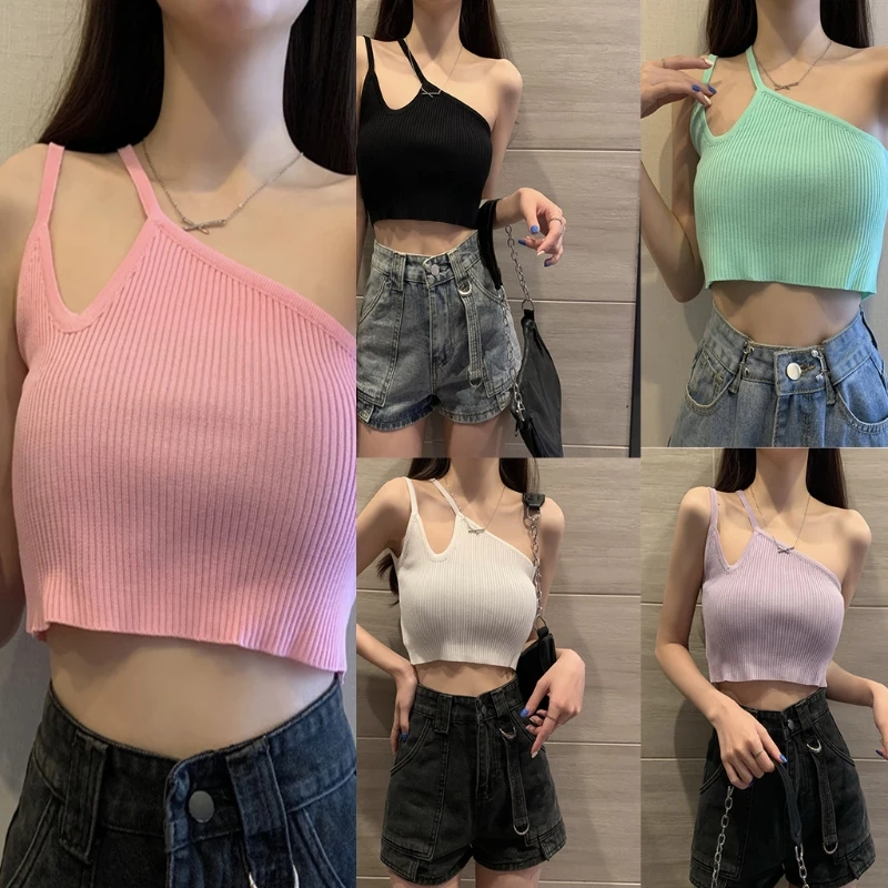 

Women Ribbed Knit Tank Top Sexy Irregular Cutout One Shoulder Camisole Underwear
