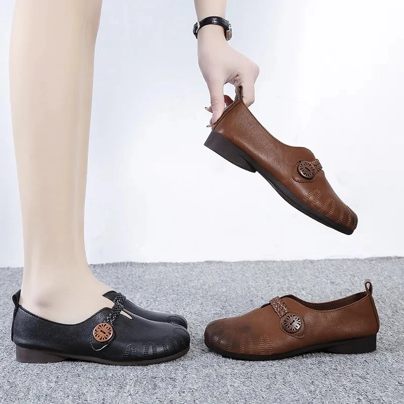 

Handmade Vintage Black Flats Women's Shoes 2021 Summer Leather Moccasins Woman Flats Comfortable Grandma Shoes Ladies Loafers