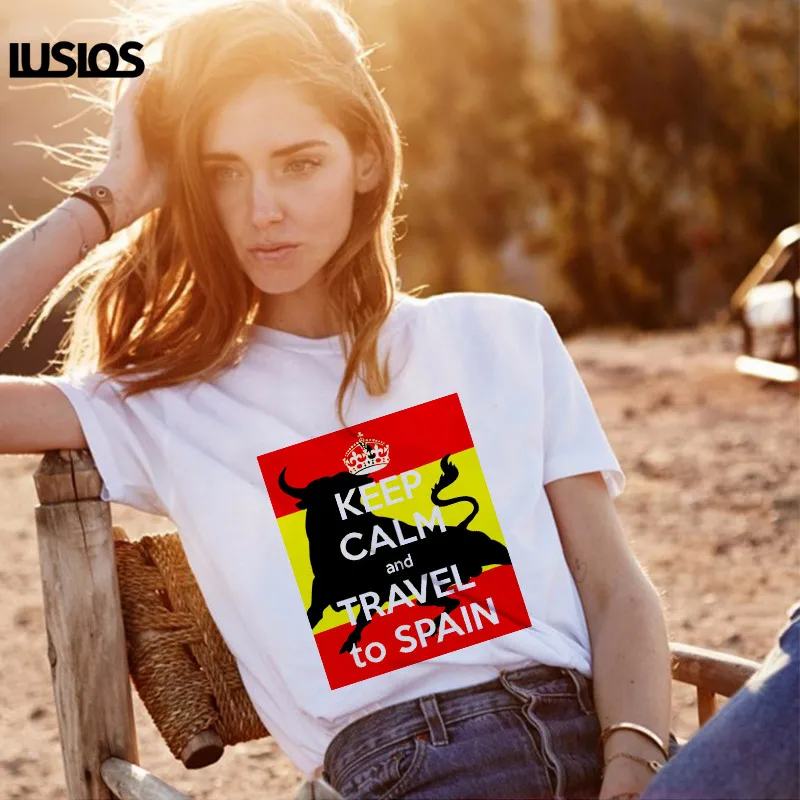 Женские футболки с забавным принтом KEEP CALM AND TRAVEL TO SPAIN летние женские испанского