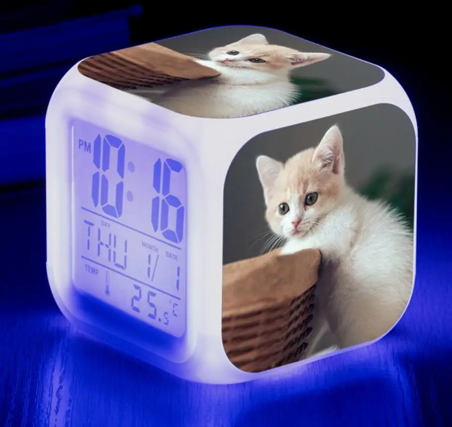 

Cute animal cat LED Alarm Clock around colorful square alarm clock digital alarm clock electronic wake up light table reveil we