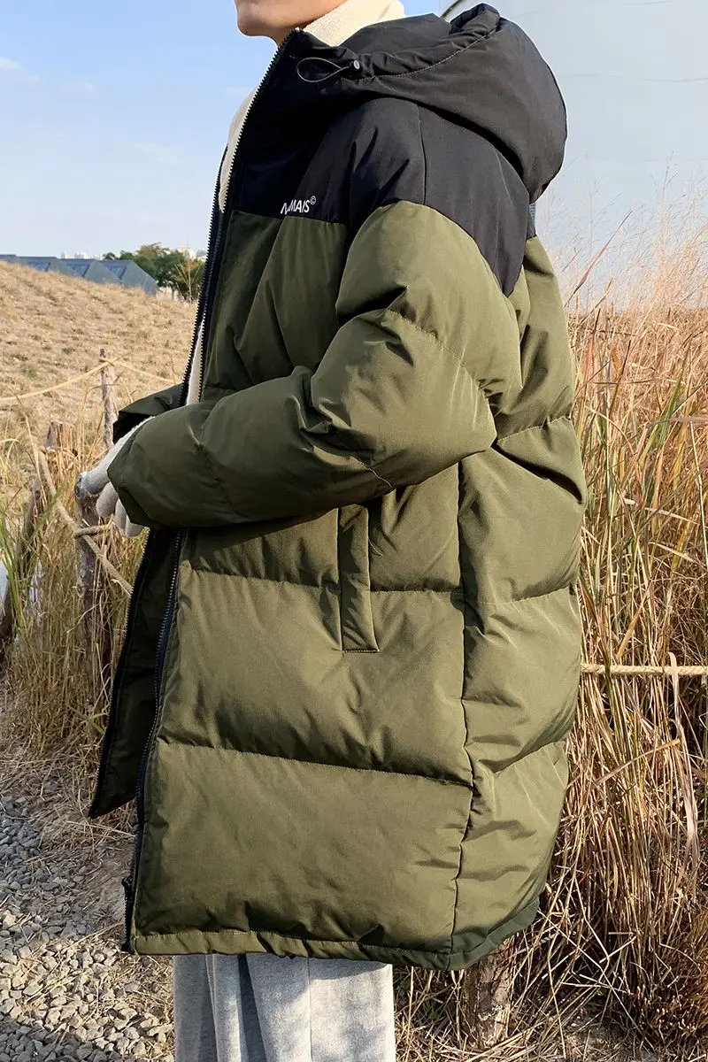 

Windproof Contrast Hooded Coats Men Winter Thicken Warmth Mid-length Tops Loose Cotton-padded Single-breasted Jacket Oversize