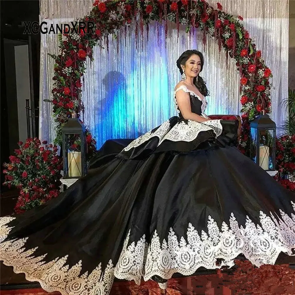 

Черное бальное платье, мексиканские платья для Quinceanera 2020, платья для 15-16 лет, кружевное милое официальное платье с аппликацией на день рожден...