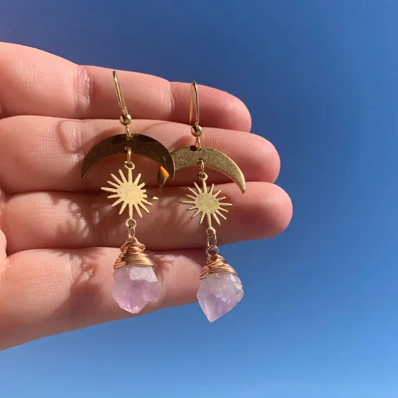 

Crystal dangle earrings,crystal moon earrings, crescent moon and sun earrings bohemian raw crystal earrings