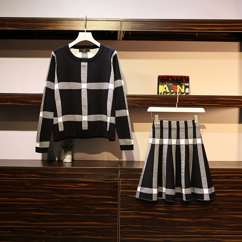 Женское платье большого размера модный тонкий вязаный свитер + юбка осенний