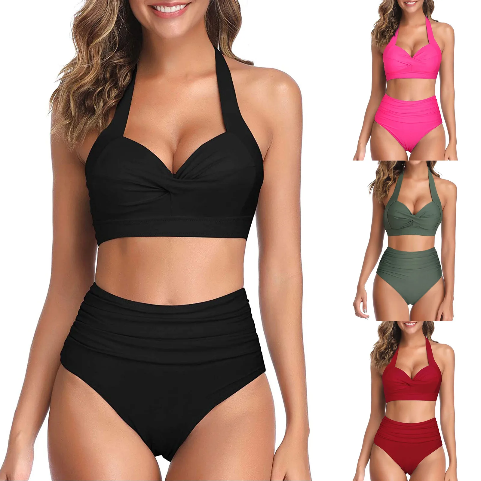 

vendaquente acolchoado suti correias de cintura alta mai vintage duas peas retro halter ruched cintura alta bikiniconjunto #4
