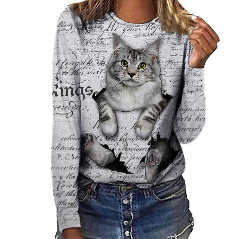 

Women 3D Printing Long Sleeve T-Shirt Fashion O-Neck Loose Casual Funny Cat T shirts Autumn Winter Ladies Pullovers Tops 2021