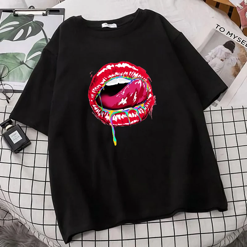 

Woman T-shirt Funny Lip Print Oversized Loose Cotton Short Sleeve Top Tee Fashion Brand 2021 New Personality Harajuku Camisetas