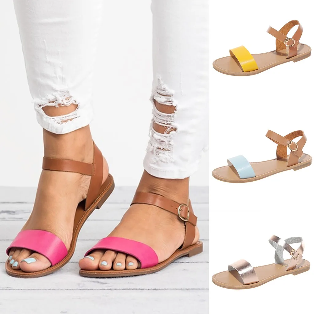 

Summer women's Roman flat open toe sandals casual shoes large size buckle color matching fish mouth sandals 2020
