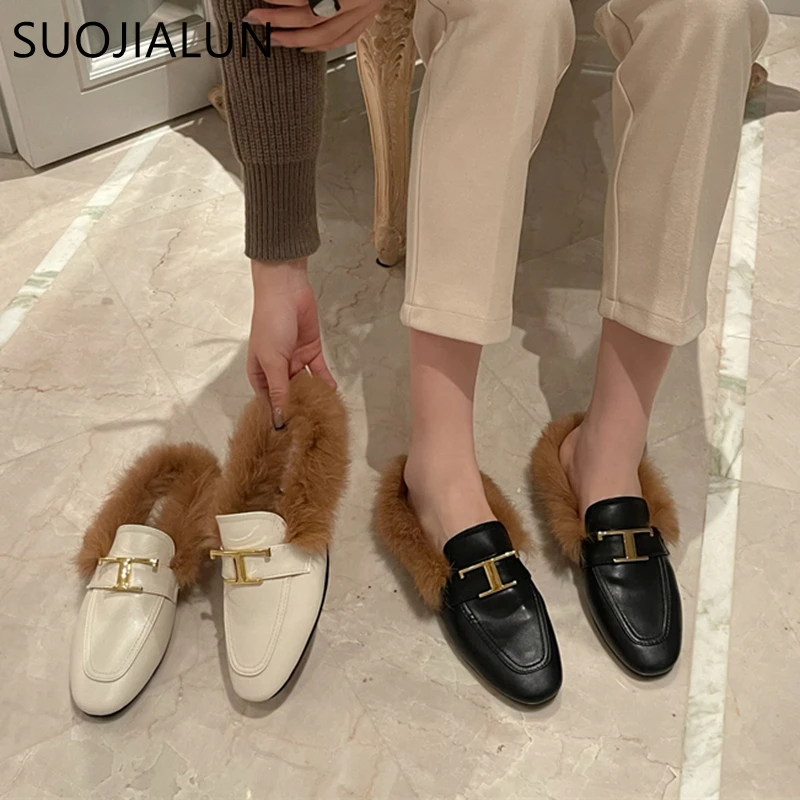 

SUOJIALUN 2022 Winter Furry Women Slippers Ladies Slip On Mules Shoes Female Short Plush Flats Casual Outside Flip Flop Fur Slid