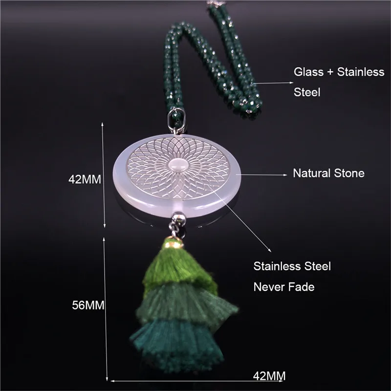 

2021 Flower of Life Stainless Steel Natural Stone Chain Necklace for Women Green Long Tassel Necklace Jewelry cadena NB4S04