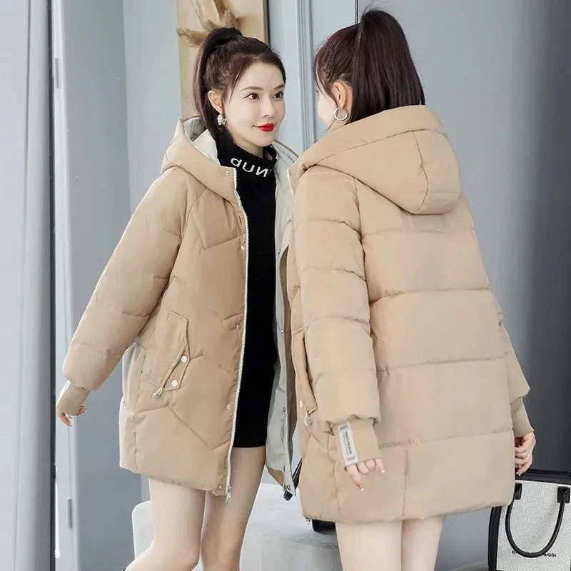 Down Cotton Jacket Women'S Mid-Length 2022 new Parkas ​Loose Padded Cotton Hooded Overcoat Thick Warm Jackets Women Jacket Coats