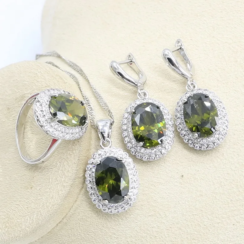 Оливковый зеленый цирконий серебряный набор украшений для женщин свадебный