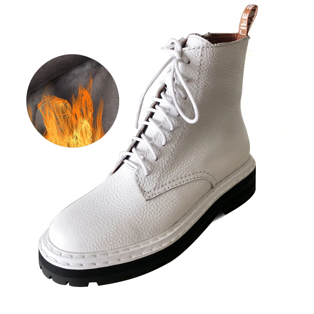 white pleated fur Большие размеры 34-43; новые женские Ботинки martin из натуральной кожи; повседневные ботинки на молнии; Зимние Теплые ботильоны на шнуровке; модные женские ботинки - Цвет: white pleated fur