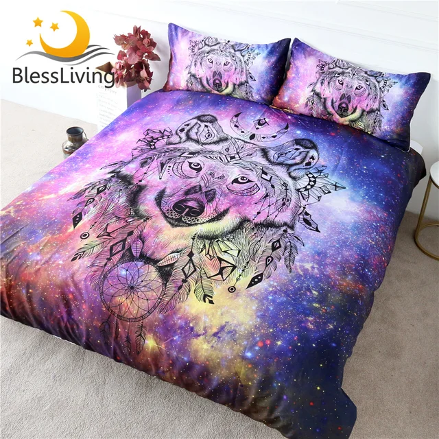 BlessLiving Galaxy Wolf Bedding Set Nebula Space Duvet Cover 3 Pieces Dream Catcher Cosmic Bedclothes Pink Blue Purple Bed Cover 1