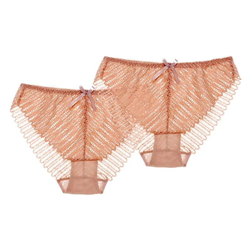 BEIGE( 2PCS) Perfering 2 шт. трусики нижнее белье сексуальные кружевные трусики женские открытые удобные Дамское белье Низкая посадка интимный белый черный - Цвет: BEIGE( 2PCS)