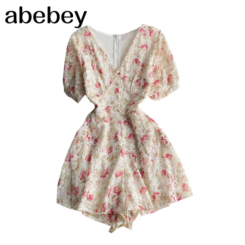 

New French Women Chiffon Playsuit Floral Printed Embroidery Summer Beach Ladies Romper V-neck Voile Noble Overalls Jumpsuits