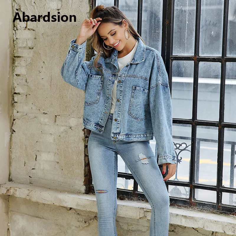 Abardsion Повседневная BF стильная женская джинсовая куртка осень зима пальто синий