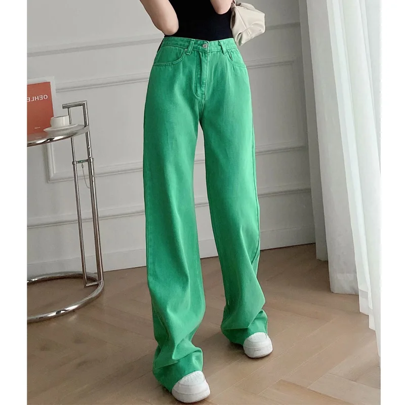 

Za Women Denim Trousers Green Yellow Wide Leg Baggy Jeans Woman High Waist Pants Suit Straight Boyfriend Mom Jeans Streetwear