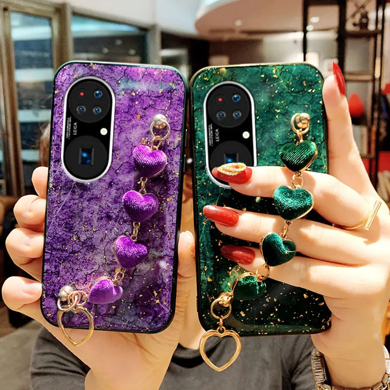 Marble Heart Bracelet Case For Huawei Y9 Prime 2019 Y9s Y7P Y7A Y6P Y5P P50 P40 P30 Pro P20 Lite Plush Wrist Strap Silicon Cover