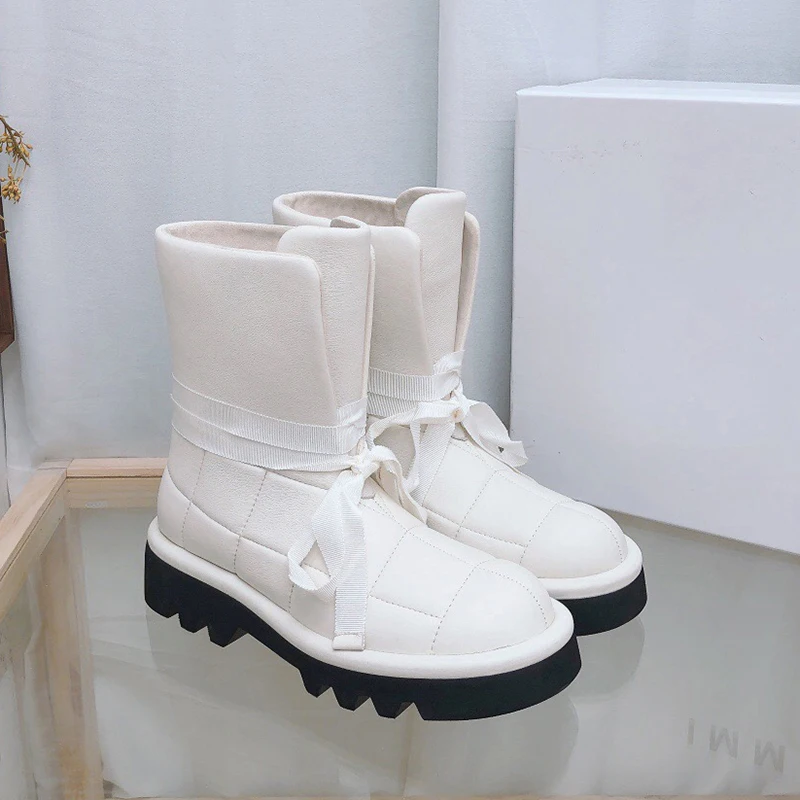 

Donna-in 2021 New Genuine Leather Winter Snow Boots Women White Natural Sheepskin Ankle Booties Sewing Female Footwear Designer