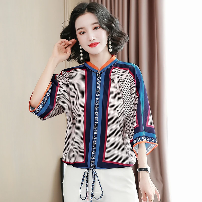 

Summer Tops For Women 2021 Shirring Retro Unique Pattern Batwing Sleeve Single Breasted Blouse Elegant Loose Women's Top