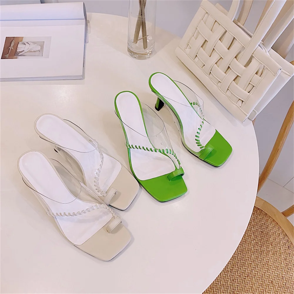 

ISNOM Fashion Ladies Pvc Slippers Leather Flip Flops High Heels Summer Slides Dress Shoes Woman Mules Stylish Party Shoes Women